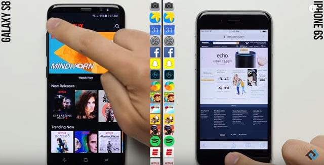 삼성전자 갤럭시S8과 애플 아이폰6S의 애플리케이션 실행 속도 비교 영상이 공개돼 눈길을 끌고 있다. /유튜브 영상 갈무리