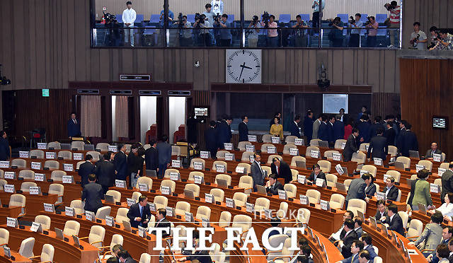 이낙연 국무총리 후보자 인준 표결에 반대하며 퇴장하는 자유한국당 의원들/더팩트DB
