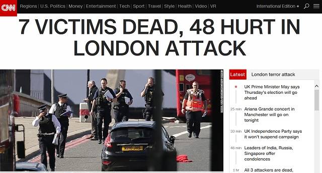 영국 런던에서 발생한 테러로 7명이 사망하고, 48명의 부상자가 발생했다. /CNN 홈페이지 갈무리