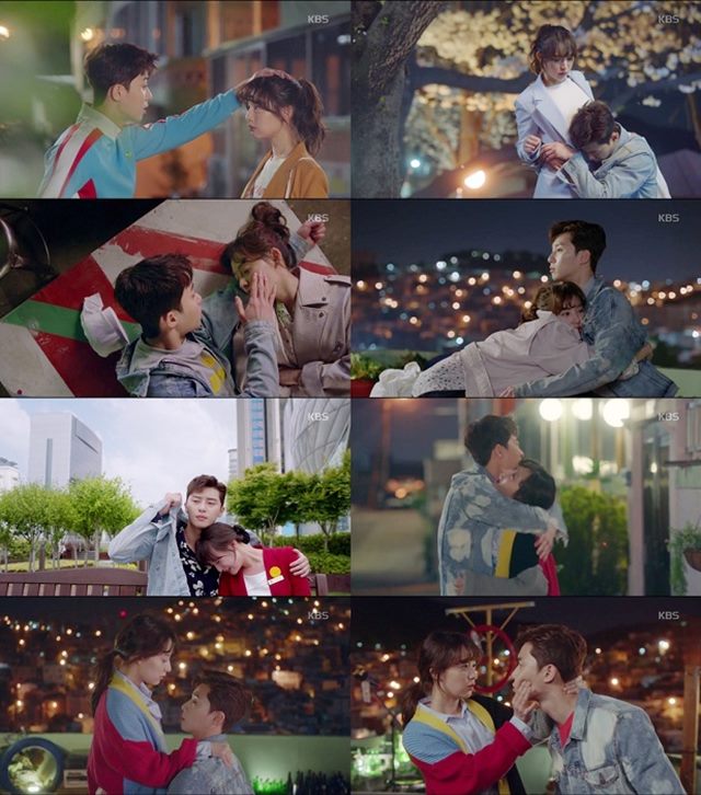 KBS2 월화드라마 쌈 마이웨이에서 박서준(오른쪽 아래 오른쪽) 김지원의 설레는 스킨십 장면이 화제다. /쌈마이웨이 방송 캡처