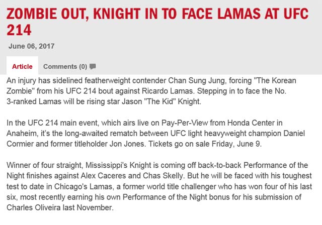 정찬성, UFC 214 결장! 정찬성이 부상으로 UFC 214에 출전하지 못하게 됐다. /UFC 홈페이지