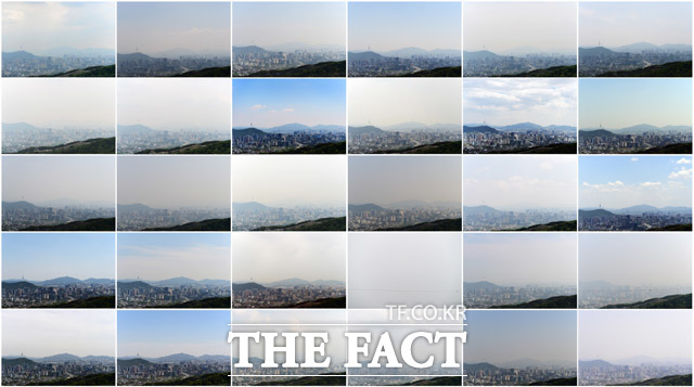 한 달간 기록한 회색빛 도시 5월 17일부터 6월 15일까지 30일 동안 서울 종로구 북악산로 267 북악팔각정에서 오후 2시쯤 같은 앵글로 미세먼지의 변화를 기록했다. /배정한 기자