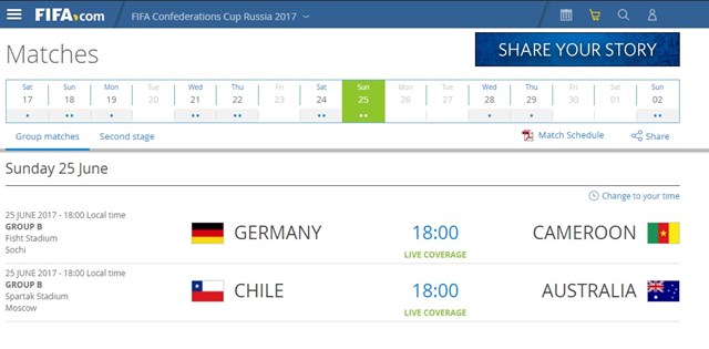 2017 컨페더레이션스컵 B조 3차전, 준결승 진출국은? 26일 오전 0시부터 2017 컨페더레이션스컵 B조 독일-카메룬, 칠레-호주 경기가 치러진다./국제축구연맹 홈페이지 캡처