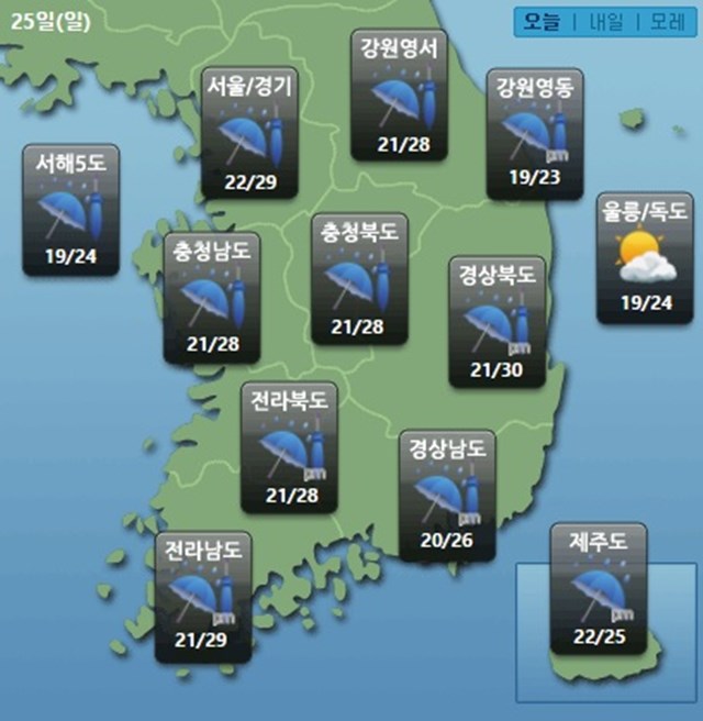 오늘날씨, 전국 흐리다가 오후들어 비 25일 기상청은 전국이 흐린 가운데 오전 중부지방부터 비가 시작돼 오후에 전국으로 확대된다고 예보했다. /케이웨더 홈페이지 캡처