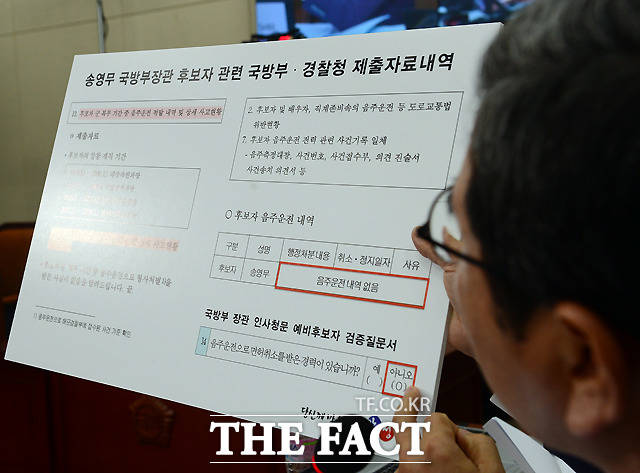 김학용 자유한국당 의원이 28일 오전 서울 여의도 국회에서 열린 송영무 국방부 장관 후보자 인사청문회에서 송 후보자의 음주운전 기록과 관련해 질의하고 있다. /국회=이새롬 기자