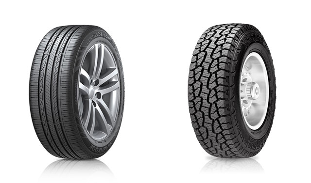 사진은 한국타이어의 승용차용 타이어 벤투스 S1 노블2 플러스(왼쪽)와 SUV용 타이어 다이나프로 AT-m. 승용차용 타이어는 트레드 블록이 촘촘한 반면, SUV용은 크고 깊다.  /한국타이어 홈페이지