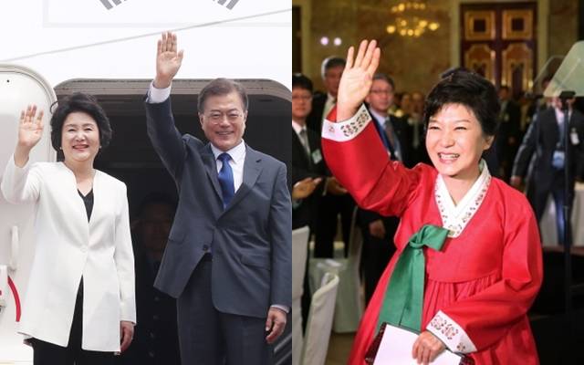 문재인 대통령(왼쪽)이 5일 독일 G20 정상회의 참석을 위해 독일 베를린으로 출국했다. 박근혜 전 대통령(오른쪽)은 지난 2013년 9월 4일 러시아에서 열린 G20 정상회의로 다자외교 데뷔를 했다. /서울신문·청와대 제공