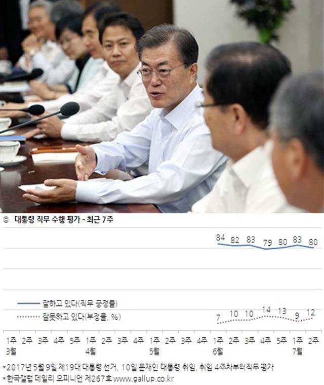 14일 여론조사 전문기관인 한국갤럽이 지난 11~13일 전국 유권자 1004명을 대상으로 문재인 대통령의 직무수행 평가를 조사해 발표한 결과, 긍정평가가 80%로 나타났다. /청와대, 한국갤럽 제공