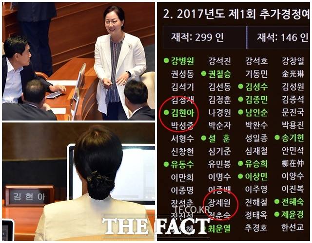 사실 장 의원보다 먼저 김현아 자유한국당 의원이 본회의 시작부터 끝까지 자리를 지키며 추경안 표결 찬성이라는 소신을 지켰다.
