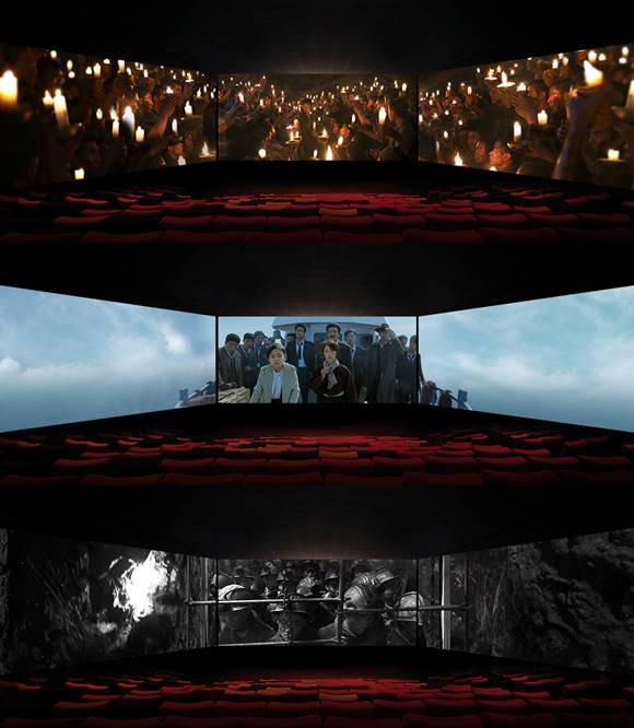 영화 군함도가 CJ CGV의 스크린X로 개봉됐다. 스크린X는 메인 화면 양 옆을 포함해 3면에서 영화가 상영되는 기술이다. /CJ CGV 제공