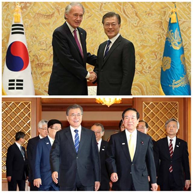 문재인 대통령은 21일 오후 미국(위)과 일본 의회 대표단을 잇달아 만나 대북 정책 공조 방안을 논의했다./청와대 제공