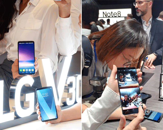 LG전자 하반기 전략 스마트폰 V30(왼쪽)과 삼성전자 갤럭시노트8은 다음 달 21일 동시에 출시된다. /LG전자 제공·이성락 기자