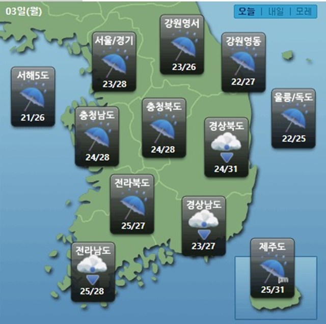 전국 집중호우 주의 기상청은 3일 전국이 태풍 난마돌의 영향을 받는다고 예보했다. /케이웨더 홈페이지 캡처