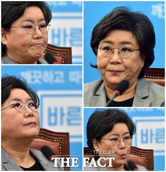 뇌물수수 의혹에 휩싸인 이혜훈 바른정당 대표가 7일 오전 서울 여의도 국회에서 열린 의원전체회의에서 당대표 사퇴 의사를 밝힌 가운데, 긴장된 표정을 짓고 있다.