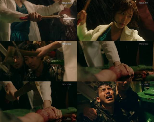 최근 방송된 병원선에서는 주인공 하지원이 환자의 팔을 도끼로 내려치는 장면이 등장했다. 시청자들은 이 역시 현실성이 떨어진다고 지적했다. /MBC 병원선 방송 캡처