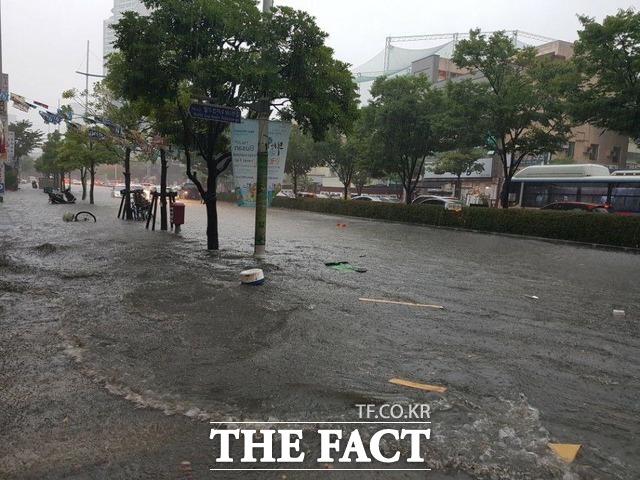11일 오전 부산시 연산구 연산대로가 부산 지역에 내린 폭우의 여파로 물에 잠겼다. /독자 제공
