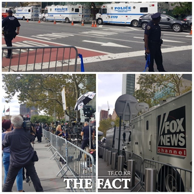 미국 통신사 <AP>가 유엔본부 건물 앞에서 총회 현장을 중계하고 있다. <FOX NEWS> 등 다른 언론사 중계 차량들도 주위에 대기하고 있다./뉴욕=오경희 기자