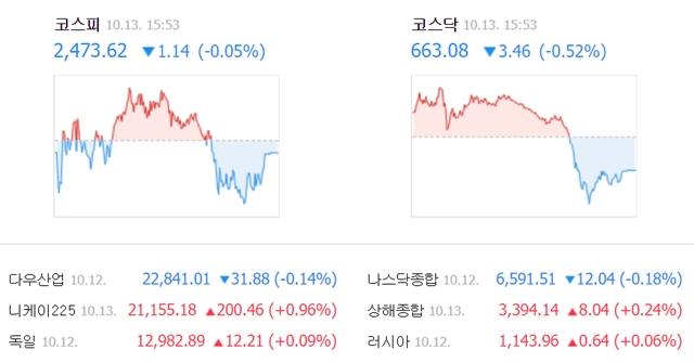 이날 코스피 지수는 전날보다 1.14포인트(0.05%) 내린 2473.62에 거래를 마쳤다. /네이버 캡처