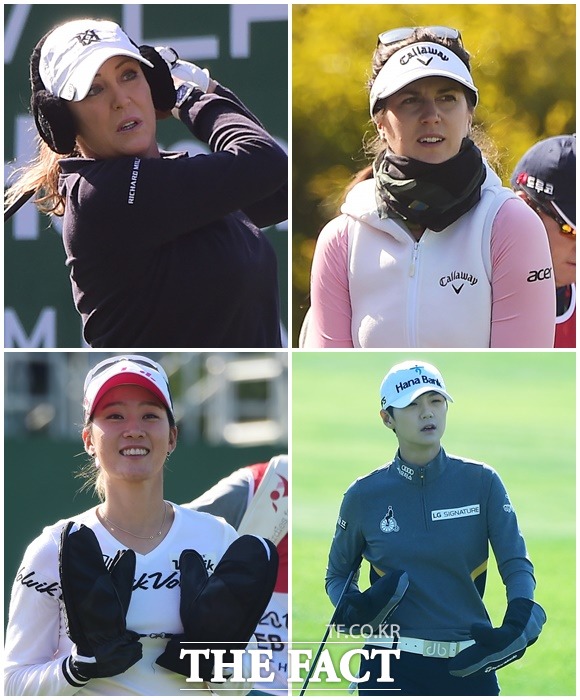 2017 미국여자프로골프(LPGA) 투어 KEB하나은행 챔피언십 2라운드 경기가 13일 인천 영종도 스카이72 골프클럽에서 열려 크리스티 커와 산드라 갈, 박성현, 최운정(왼쪽 위부터 시계방향)이 방한용품을 착용하고 경기에 임하고 있다. / 배정한 기자