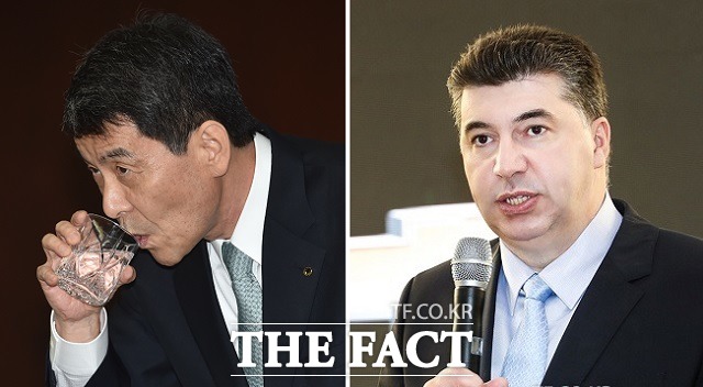 이동걸 KDB산업은행 회장(왼쪽)과 한국지엠의 새 사령탑에 오른 카허 카젬 사장이 23일 한국산업은행에 대한 국정감사에서 증인으로 출석했다. /더팩트 DB