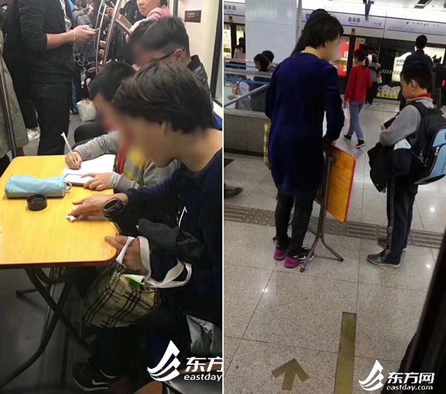 중국 상해 지하철에서 책상을 펴고 공부하는 학부모와 학생에 대해 중국 여론이 뜨겁다. /동방망(东方网)