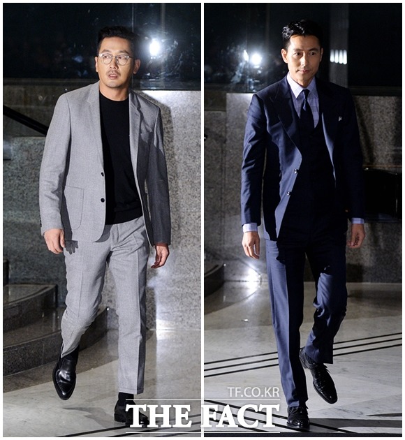 배우 하정우(왼쪽)와 정우성이 13일 오후 서울 용산구 그랜드 하얏트 호텔에서 열린 화장품 브랜드 무슈제이 론칭 10주년 기념행사에 참석해 포토타임을 갖고 있다.  /이덕인 기자