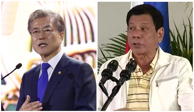 아시아의 트럼프로 불리는 로드리고 두테르테(오른쪽) 필리핀 대통령느 13일 오후 마닐라 시내 국제컨벤션센터에서 문재인 대통령과 회담을 갖고 북핵 문제에 대한 100% 지지를 표명했다./청와대 제공, MBN 방송 화면 캡처