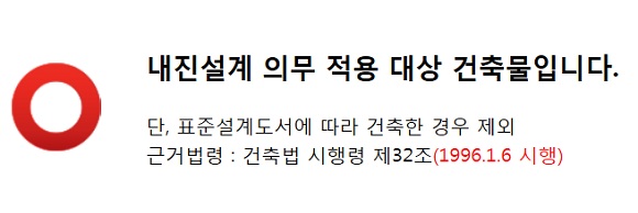 우리집 내진설계 간편조회 서비스 홈페이지에서 주소를 입력하면 내진설계 적용대상에 해당될 경우에는 ‘O’ 표시가 나타난다./우리집 내진설계 간편조회 서비스 홈페이지 캡처