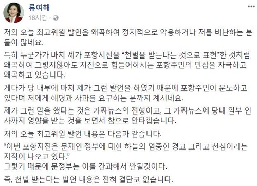 류여해 최고위원이 SNS에 올린 해명글 /류 최고위원 페이스북 캡쳐