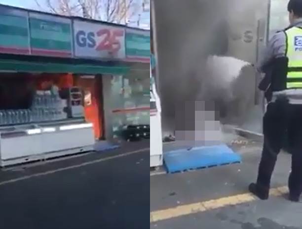21일 부산 한 편의점에서 50대 남성이 분신했다. 불은 10분 만에 진화됐고 남성은 구조됐으나 현재 중태에 빠졌다. /유투브 영상 캡쳐
