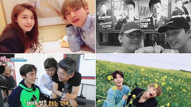 방탄소년단 뷔 인맥. 방탄소년단 뷔가 김 스치면 인연이란 별명이 있을 정도로 발이 넓다고 알려졌다. 뷔의 황금인맥으로는 배우 하지원부터 박보검, 성동일, 박서준까지 연령과 성별이 다양해 눈길을 끌고 있다./(왼쪽 상단부터) 하지원-뷔(하지원SNS), 뷔-박서준(박서준SNS), 성동일 (tvN 수업을 바꿔라), 박보검-뷔(BTS SNS)