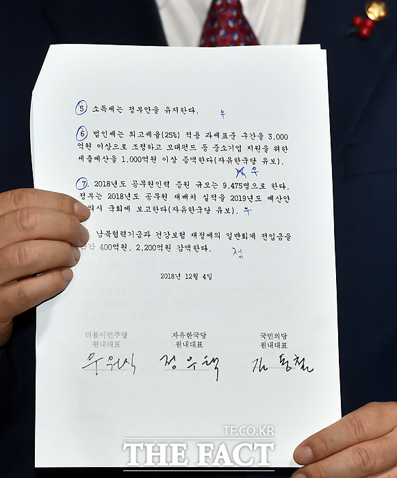 정우택 자유한국당 원내대표와 우원식 민주당 원내대표, 김동철 국민의당 원내대표, 김동연 경제부총리(왼쪽부터)가 4일 국회에서 내년도 예산안 처리를 위한 회동을 마친 뒤 합의문을 발표했다./이새롬 기자