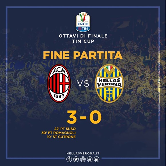 14일(한국시간) 이탈리아 밀라노에서 열린 AC밀란과 베로나의 코파 이탈리아컵 경기에서 베로나가 AC 밀란에 0-3 완패했다. /베로나 페이스북