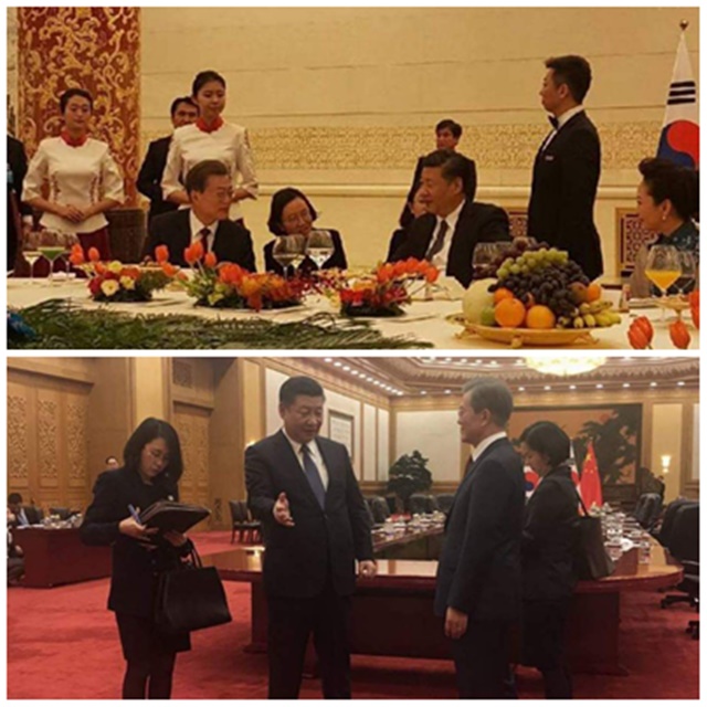 문재인 대통령은 16일 밤 3박 4일간의 국빈 방중 일정을 마치고 귀국했다. 사진은 지난 14일 저녁 시진핑 중국 국가주석과 회담 및 만찬을 갖는 모습./청와대 페이스북