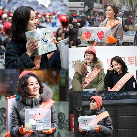 배종옥과 한지민, 박진희는 지난 16일 서울 명동 한복판에서 거리 모금 활동에 나섰다. 이날 캠페인은 굶주리는 지구촌 아이들의 엄마가 되어주세요라는 주제로 진행됐다. /길벗 제공
