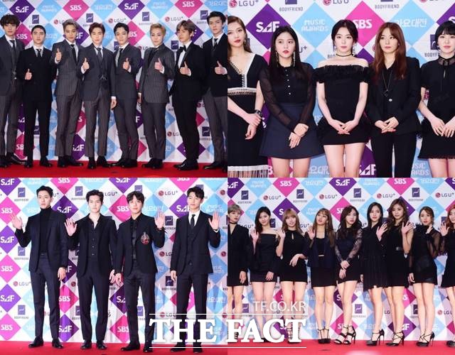 SBS는 올해 가요대전을 25일 고척 스카이돔에서 열었지만 음향을 제대로 살리지 못해 가수들의 목소리가 제대로 들리지 않는 등 아쉬움을 남겼다. 사진은 왼쪽 위부터 시계방향으로 지난해 SBS 가요대전에 참석한 그룹 엑소, 레드벨벳, 트와이스, 씨엔블루./더팩트 DB