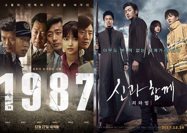 영화 1987이 신과함께-죄와 벌과 격차를 줄이며 맹추격에 나섰다. 두 작품의 일일 관객수 차이는 38만에서 8만여명으로 줄어들었다. /영화 1987 신과함께-죄와 벌 포스터