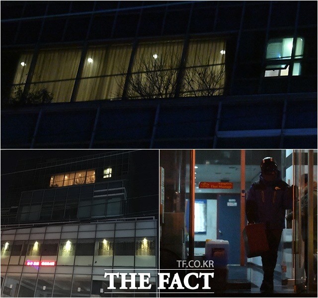 피습 사건 두 달여가 지난 1월 정유라 씨가 머무는 미승빌딩 6층에 불이 켜져 있다. 6층으로 종종 배달음식이 들어갔다. /이새롬 기자