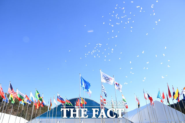 참가국 깃발 위로 날아가는 평화의 비둘기 풍선