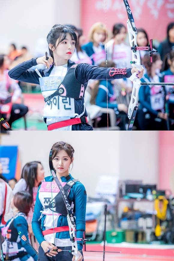 트와이스 vs 레드벨벳. 트와이스 쯔위(아래)와 레드벨벳 아이린이 양궁 대결에 나섰다. /MBC 제공