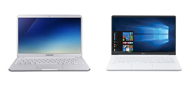 삼성 노트북 9(왼쪽)과 LG 그램 8세대 상품을 기준으로 유통사 별 차이를 비교한 결과 직영점과 양판점에 디자인은 같지만 서로 다른 모델이 판매되는 것을 확인할 수 있었다.  /각사 홈페이지