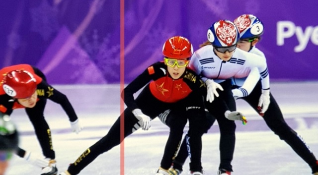 국제빙상연맹이 21일(현지시각) 홈페이지를 통해 지난 20일 치러진 여자 쇼트트랙 3000m 계주 결승전에서 심판 판정 기준이 된 사진을 공개했다. /ISU 홈페이지
