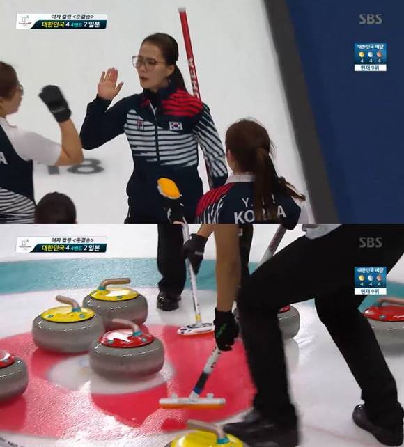 한국 여자 컬링 대표팀이 일본을 상대로 3엔드 1점을 추가하며 경기를 4-2로 만들었다. /SBS 방송 캡처