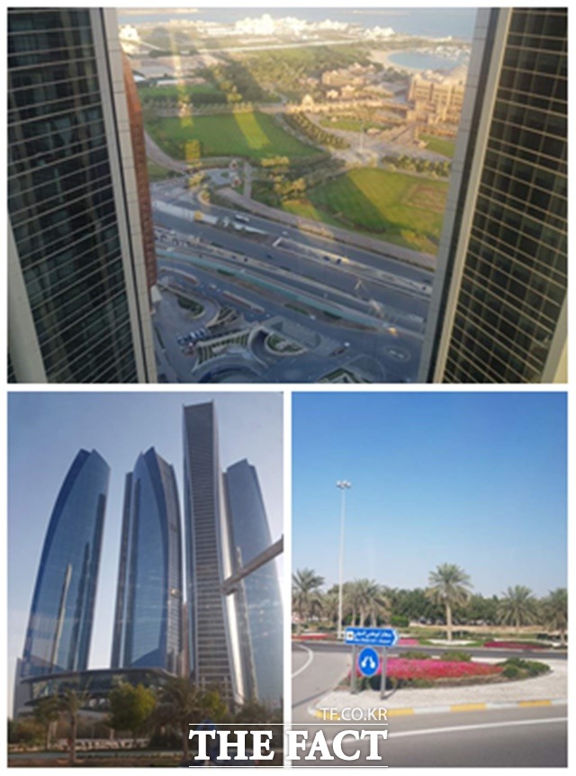 24일 아부다비 고층 빌딩에서 내려다 본 전경(위)과 거리와 도로 모습./아부다비(UAE)=오경희 기자