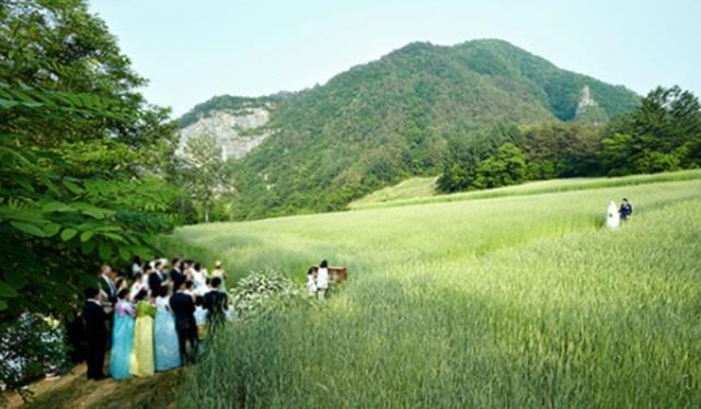 원빈 이나영은 강원도 두메산골 한적한 메밀밭 밭두렁에 솥단지를 걸어 국수를 끓이고, 들꽃 부케를 준비해 하객들을 맞았다. 아래 사진은 지난해 4월 비공개로 치러진 김정은 결혼식. /이든나인 제공