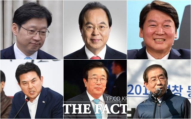 왼쪽열부터 김경수 의원, 김태호 전 지사, 오거돈 전 해양수산부 장관, 서병수 현 부산시장, 안철수 바른미래당 인재영입위원장, 박원순 서울시장 /더팩트DB, 서울신문 제공(오거돈 전 장관)