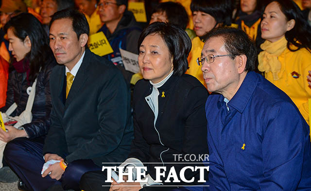 더불어민주당 서울시장 예비후보인 우상호, 박영선 의원, 박원순 서울시장(왼쪽부터)