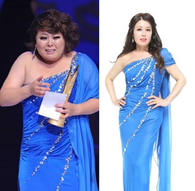 다이어트에 성공한 홍지민은 과거 뮤지컬 드림걸즈로 여우주연상을 수상했을 때 입었던 드레스를 다시 한번 입어 현재와 비교했다. /홍지민 인스타그램