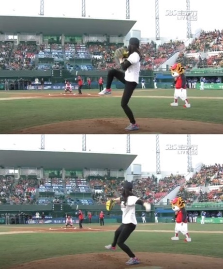 배우 박신혜가 안정적인 자세로 공을 던져 박수를 받았다. /SBS ESPN 방송하면 캡처