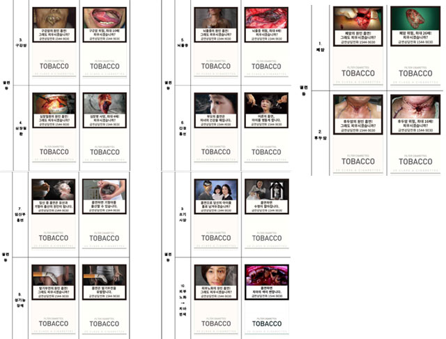 담뱃갑에 부착되는 경고그림은 총 10가지 주제로 구성돼 있는데 이 가운데 경고효과가 낮게 평가된 피부노화를 빼고 치아변색을 새롭게 추가한다. /복지부 제공